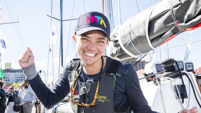 Jessica Watson after arriving at Hobart onboard the Azzurro. Picture: Chris Kidd