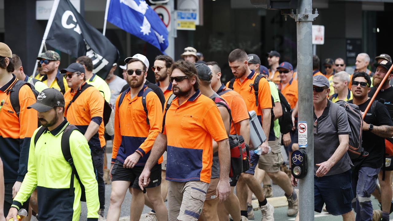 CFMEU workers pictured marching through the streets of Brisbane, 27th August 2024.