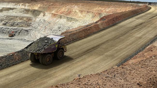 A mining truck at the Covalent lithium mine in Western Australia, owned by Wesfarmers. Picture: Cameron England