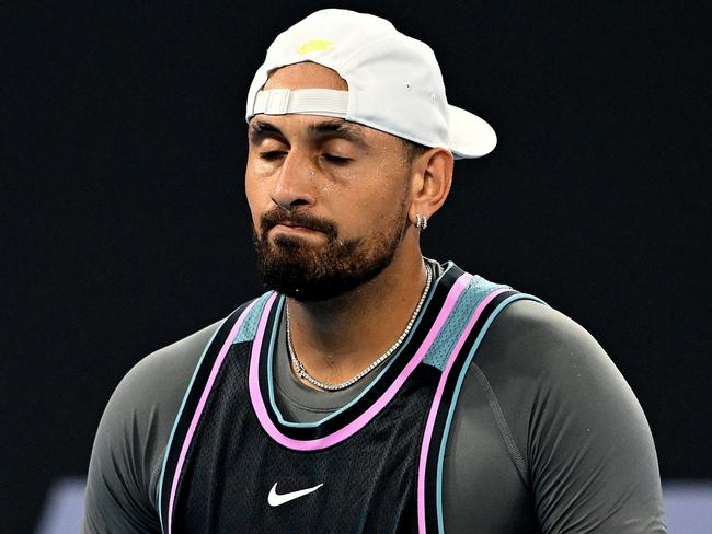 BRISBANE, AUSTRALIA - DECEMBER 31: Nick Kyrgios of Australia reacts after losing a point in his match against Giovanni Mpetshi Perricard of France during day three of the 2025 Brisbane International at Pat Rafter Arena on December 31, 2024 in Brisbane, Australia. (Photo by Bradley Kanaris/Getty Images)