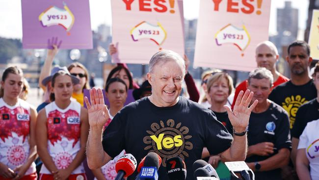 Anthony Albanese advocates Yes for the Indigenous voice to parliament at an event with Pat Farmer outside the Sydney Opera House. Picture: NCA NewsWire/ Sam Ruttyn