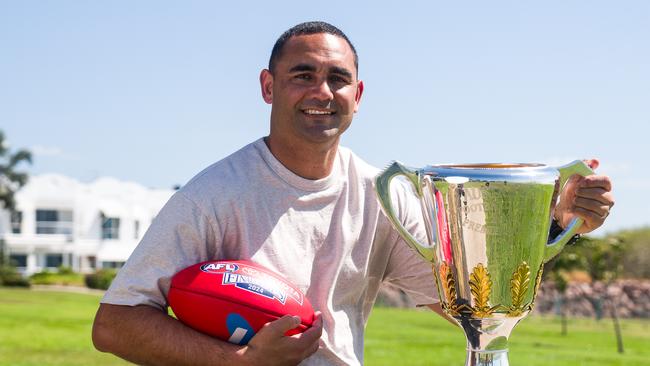 Shaun Burgoyne welcomed the AFL Premiership Cup in Darwin on its national tour ahead of the 2024 Grand Final. Picture: Jono Laird