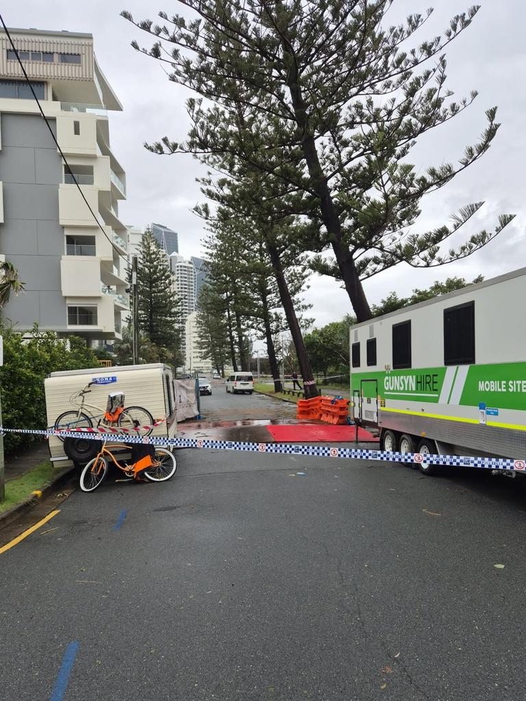 Two huge norfolk pines teeter across Broadbeach Bvd, threatening power lines and nearby properties, in the wake of Cyclone Alfred. Monday March 10, 2025.