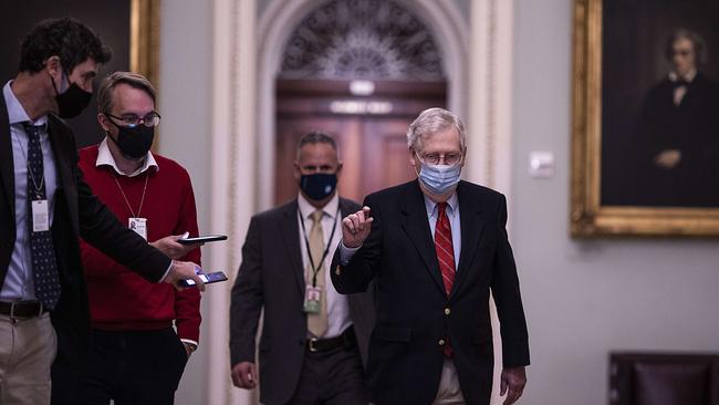 ‘Packed with targeted policies to help struggling Americans’: Mitch McConnell arrives at the Capitol on the cusp of deal on Monday. Picture: AFP