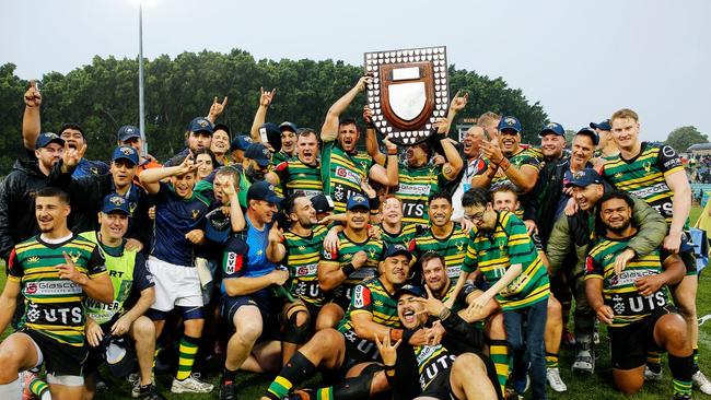 Gordon celebrating their brilliant comeback in Shield Shield rugby.