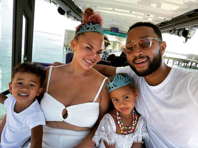 Miles, Chrissy Teigen, Luna and John Legend in the Maldives. Picture: @chrissyteigen/Instagram