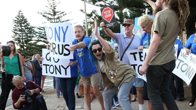 Supporters outside the Queenscliff surf club before the Sky News / Manly Daily Warringah Debate with Tony Abbott and Zalia Steggal, Queenscliff, Sydney, 2nd May 2019. Picture by Damian Shaw