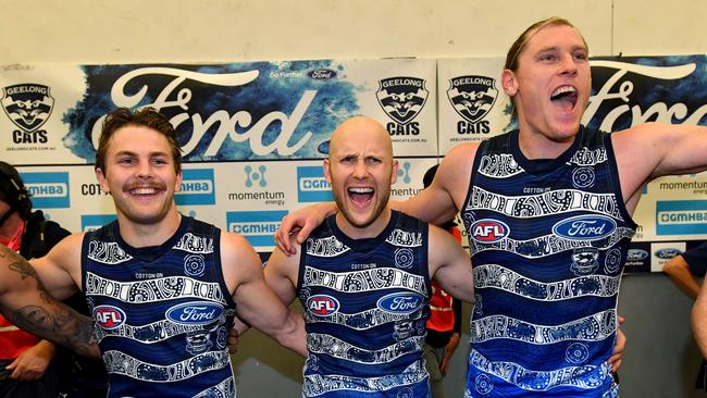 Geelong sing the song after their win against Gold Coast. Pic. AAP