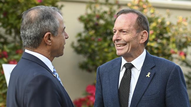 Former prime minister Tony Abbott and Israel's ambassador to Australia Amir Maimon at the October 7 vigil at the Israeli embassy in Canberra. Picture: NewsWire / Martin Ollman