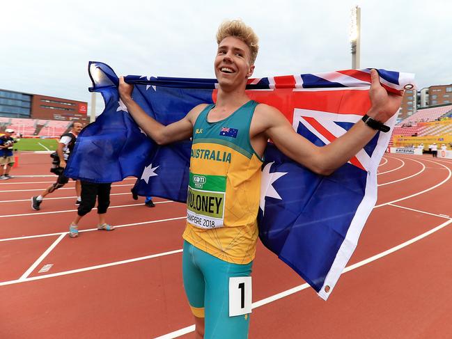 TAMPERE, FINLAND - JULY 11:  Ashley Moloney of Australia celebrates after winning gold in the men's decathlon on day two of The IAAF World U20 Championships on July 11, 2018 in Tampere, Finland.  (Photo by Stephen Pond/Getty Images for IAAF)