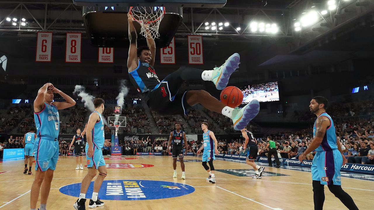 Ariel Hukporti threw down a massive slam during United’s demolition of the Breakers. Picture: Getty Images