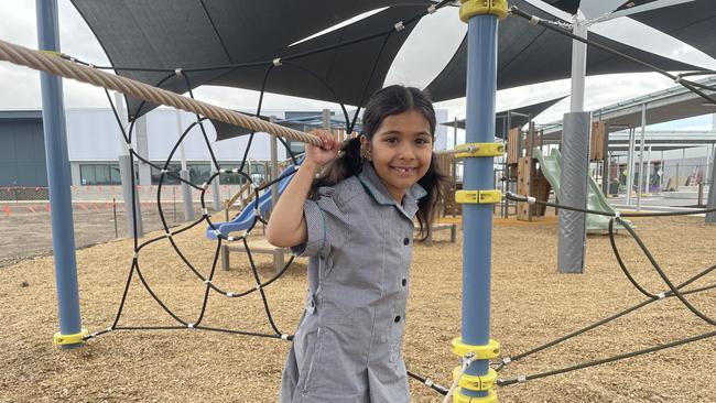 Sayesha, 6, playing on one of the school’s two new playground areas. (Picture: Olivia Condous)