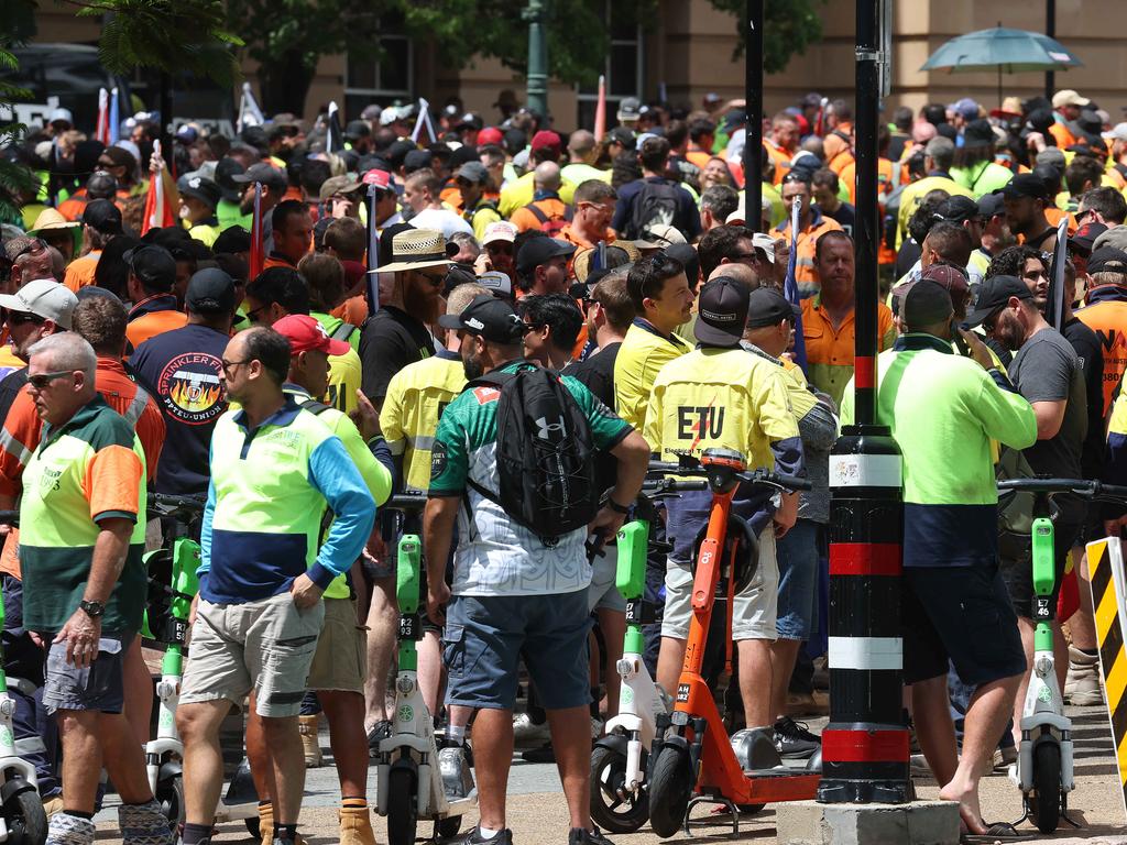 Union members in a protest march outside Parliament House, Brisbane. Picture: Liam Kidston