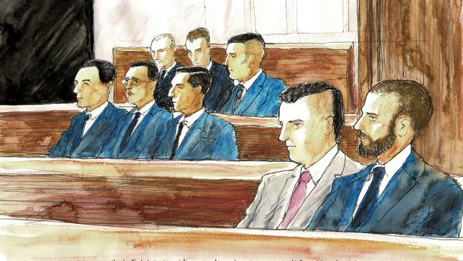 Jason De Ieso murder accused (back row) Kyle Pryde, Nicholas Sianis, Seywan Moradi, (centre) Mohamed Alzuain, Musa Alzuain, Husain Alzuain, (front), Daniel Jalleh and Ross Montgomery. Picture: Timothy Ide