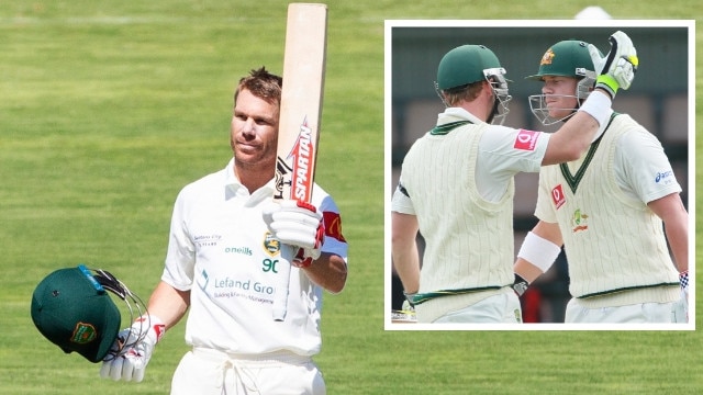 David Warner celebrates his century and (inset) embraces Phil Hughes during a Test.