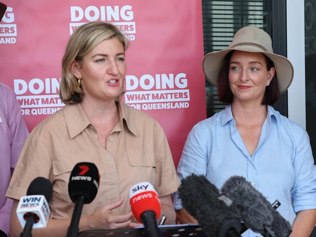 Premier Steven Miles and Health Minister Shannon Fentiman hold a press conference at the North Rockhampton Ambulance station with Brittany Lauga and Craig Marshall. Pics Adam Head