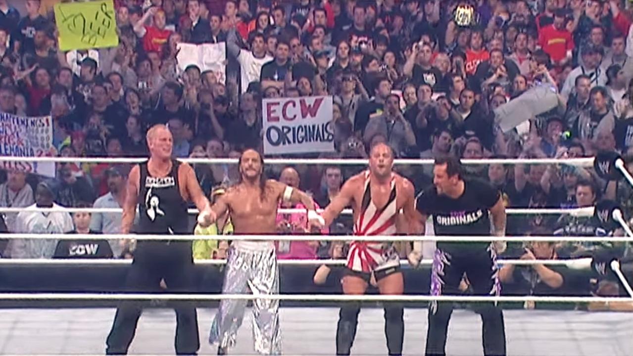 From left: Sandman, Sabu, RVD and Tommy Dreamer celebrate their win at WrestleMania 23. Photo: WWE and YouTube.
