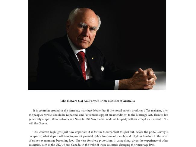 Former prime minster John Howard’s full page open letter advertisement on same sex marriage.