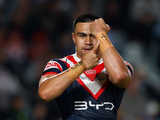 GOSFORD, AUSTRALIA - MAY 24: Xavier Va'a of the Roosters celebrates scoring a try during the round 12 NRL match between Sydney Roosters and Cronulla Sharks at Industree Group Stadium, on May 24, 2025, in Gosford, Australia. (Photo by Darrian Traynor/Getty Images)