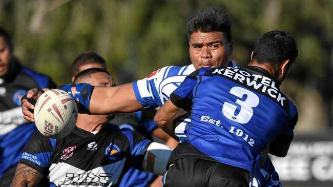 Brothers player Maka Faingaa tries to get his pass away in last weekend's A-Grade clash with Goodna at Raceview. Picture: Rob Williams