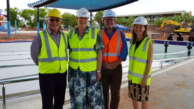 Mayor Kon Vatskalis, Member for Solomon Luke Gosling, Federal minister Catherine King and CoD CEO Simone Saunders at the Casuarina Aquatic and Leisure Centre development. Picture: City of Darwin