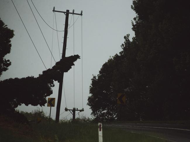 Trees threatening powerlines in the Byron Bay Honterland as a result of heavy rain brought by Cyclone Alfred. Picture: Glenn Campbell