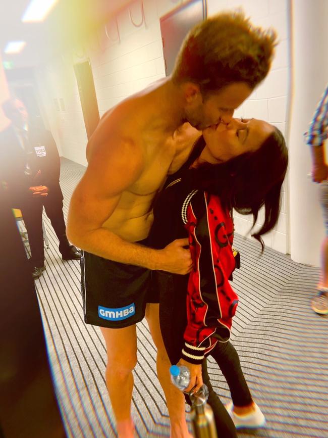 Geelong’s Lachie Henderson and girlfriend Rebecca Klodinsky after a match.