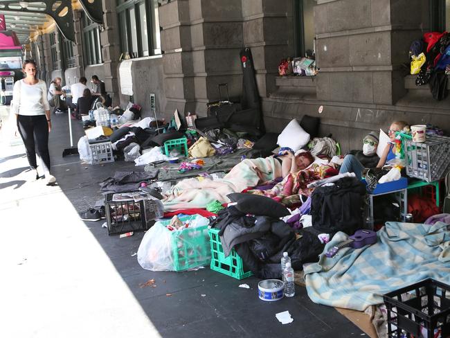 Homeless camp in Flinders St. Thursday, Jan 19. 2017. Picture: David Crosling