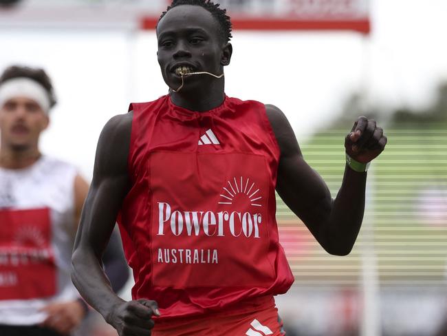 Australia's Gout Gout reacts after finishing runner up in the men's 120m handicap semi-final during the 2025 Stawell Gift at Central Park in Stawell on April 21, 2025. (Photo by Martin KEEP / AFP) / -- IMAGE RESTRICTED TO EDITORIAL USE - STRICTLY NO COMMERCIAL USE --