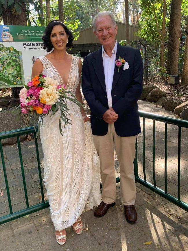 Amaze Education owner Lucy Cook with her father Bruce Cook at the Currumbin Wildlife Sanctuary on her wedding day. Mr Cook is Founding Chair and Trustee of the Currumbin Wildlife Hospital Foundation