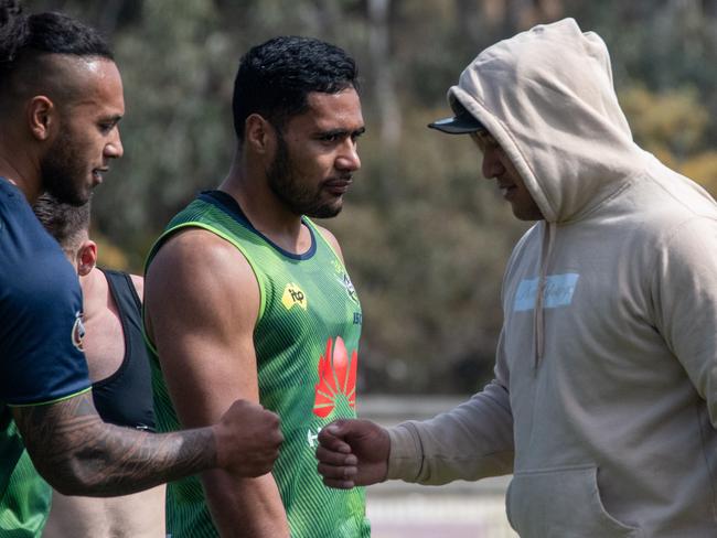 Josh Papalii (hoodie) at Canberra Raiders training this week as water boy -- on his day off. Supplied 17/09/19