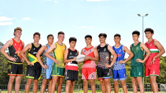 Javon Andrews (far right) with (L-R) Bailey Trew, Xavier Atoa, Tupou Francis, Saxon Innes, Ene Mills, Kylem Vunipola, Tayshaarn Tonga and Boston-Ricks Barnard in Pacific Islands football jerseys.