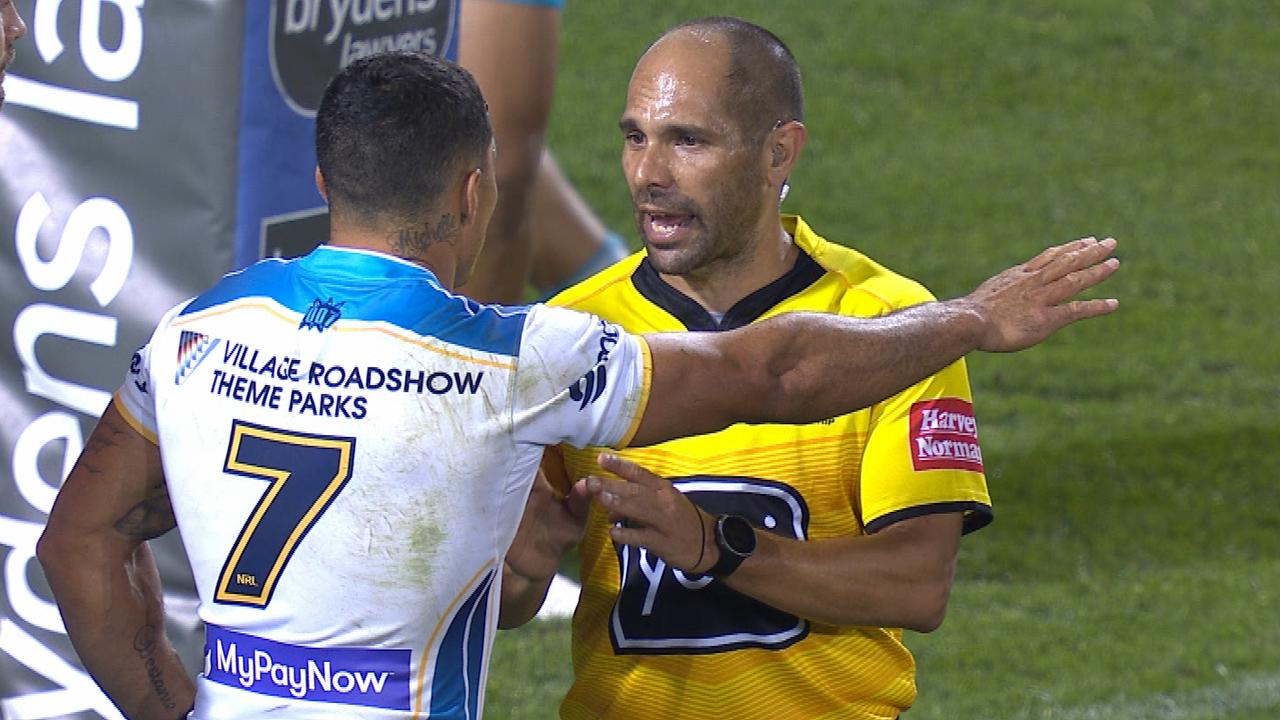 Titans captain Jamal Fogarty argues with referee Ashley Klein.