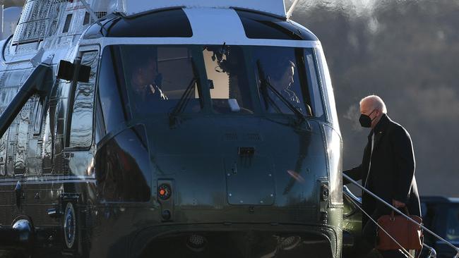 US President Joe Biden boards Marine One before departing from Brandywine Creek State Park in Wilmington, Delaware on Monday. Picture: AFP