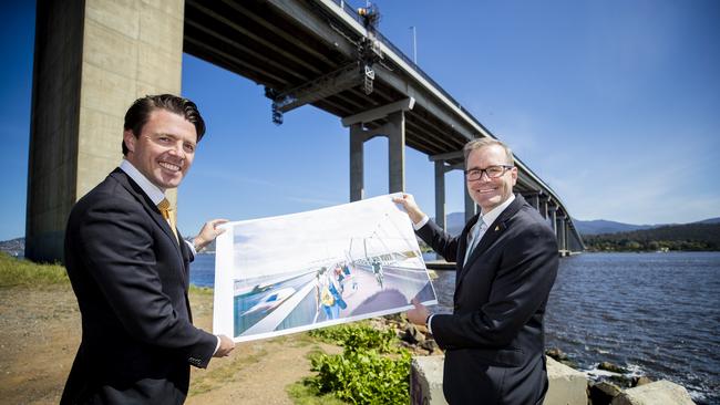 Senator Jonathon Duniam and Tasmanian Minister for Infrastructure and Transport Michael Ferguson discuss the Federal Government’s $65 million commitment to upgrade the Tasman Bridge. They will be joined by Clarence City Council Mayor Doug Chipman. Picture: RICHARD JUPE