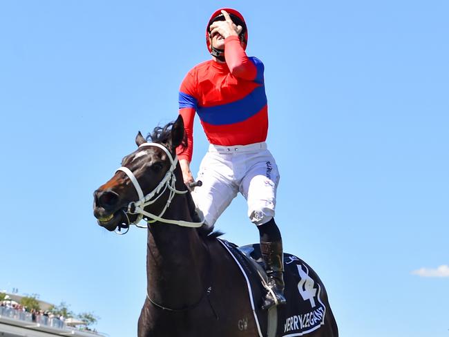 Verry Elleegant (NZ) ridden by James McDonald wins the Lexus Melbourne Cup at Flemington Racecourse on November 02, 2021 in Flemington, Australia. (Reg Ryan/Racing Photos via Getty Images)