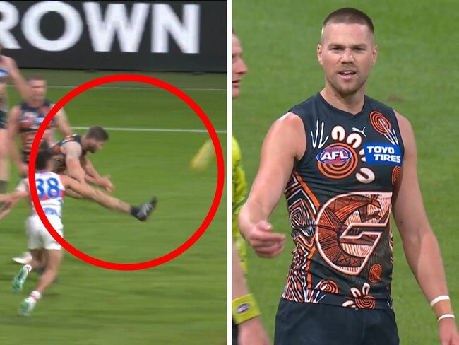 Callan Ward's clanger and Harry Himmelberg's response. Photos: Fox Sports