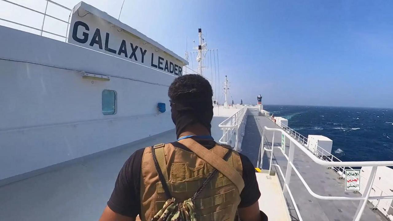 Houthi rebels in Yemen released footage and photos of the Houthi-run coastguard taking over the British-owned Galaxy Leader Vessel in the Red Sea that had 52 people on-board. Picture: Houthi Movement/Getty Images