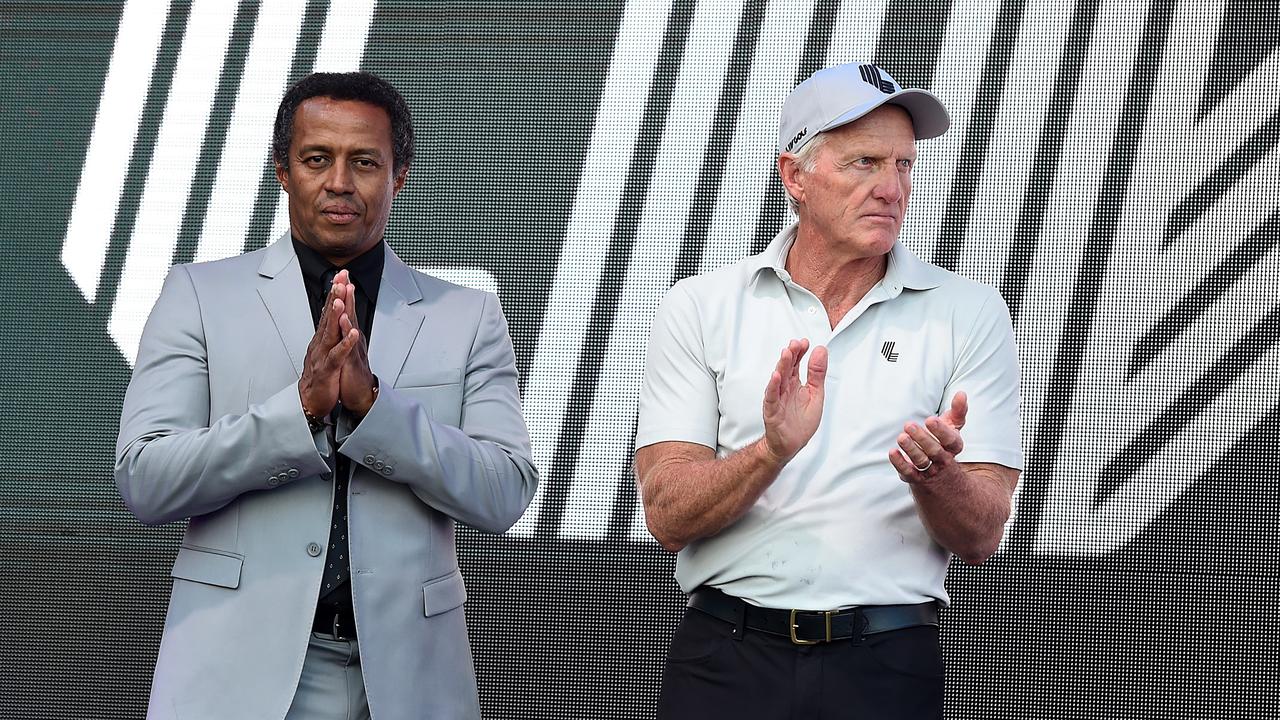 NORTH PLAINS, OREGON – JULY 02: (L-R) Managing Director of LIV Golf Majed Al Sorour and Greg Norman, LIV Golf commissioner acknowledge the crowd during the award presentation ceremony after the LIV Golf Invitational – Portland at Pumpkin Ridge Golf Club on July 02, 2022 in North Plains, Oregon. (Photo by Steve Dykes/Getty Images)