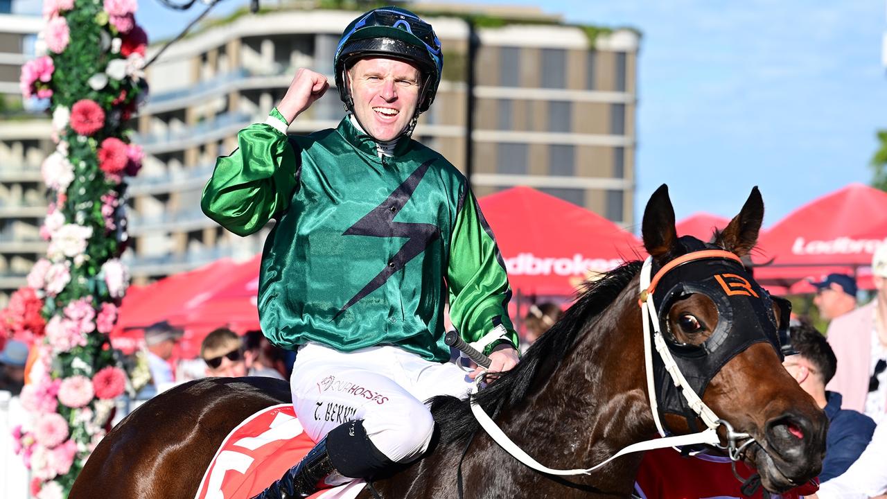 A jubilant Tommy Berry after winning the Queensland Oaks. Picture: Trackside Photography.