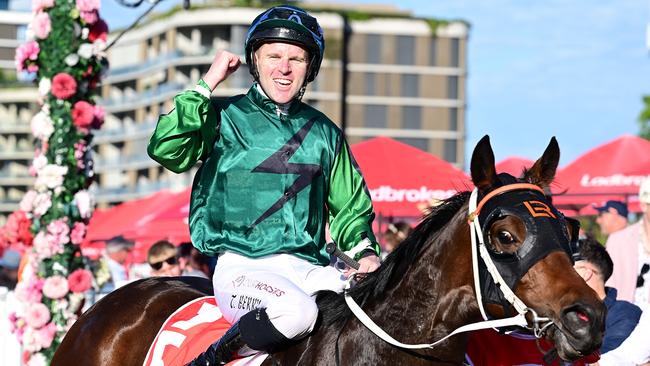 A jubilant Tommy Berry after winning the Queensland Oaks. Picture: Trackside Photography.