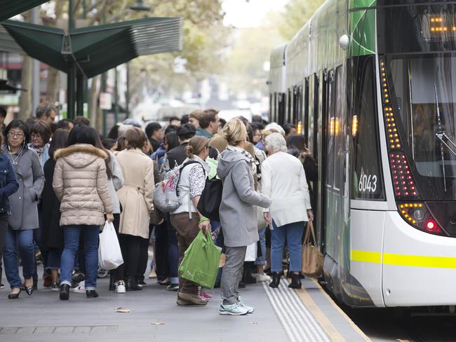 Crowded Free City Trams. Crowds of people getting on and of the tram in Burke Street. Picture: Sarah Matray