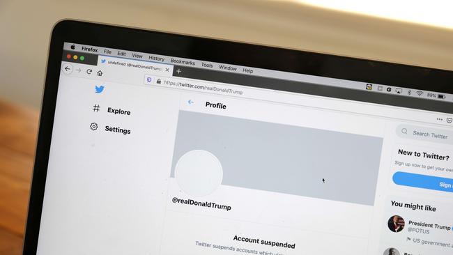 The suspended Twitter account of US President Donald Trump appears on a laptop screen. Picture: AFP