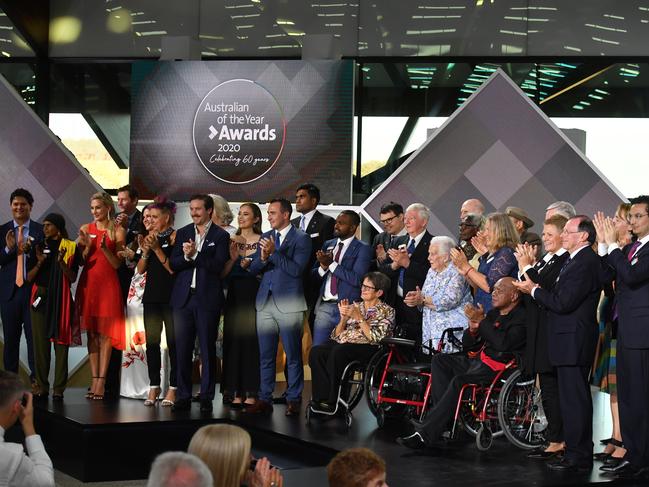 All the finalists on stage during the 2020 Australian of the Year Awards. Picture: AAP/Mick Tsikas