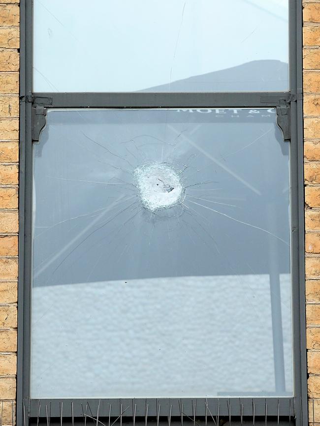 A bullet hole in the front of the nightclub. Picture: Tim Carrafa