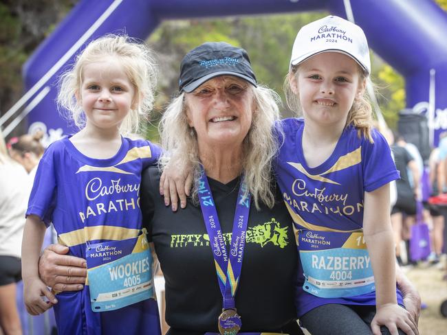 Cadbury Marathon, Christie Beetz with her grandchildren Brooklyn 3 and Ava 5. Picture: Chris Kidd