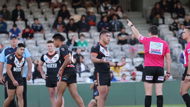 Magpies captain Kit Laulilii could only watch on as three of his teammates were sent from the field in the dying embers of their semi-final win.Picture: Damian Shaw