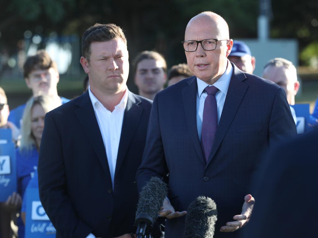 Leader of the Opposition, Peter Dutton holds a press conference with Liberal candidate for the Dunkley by election, Nathan Conroy. Picture: NCA NewsWire / David Crosling