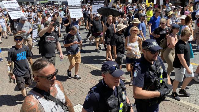 Anti-vaccination, anti-mandate protesters march in the Brisbane CBD on Saturday. Picture: Annette Dew