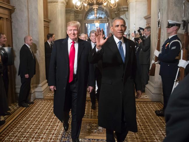 US President-elect Donald Trump and President Barack Obama arrive for Trump’s inauguration ceremony at the Capitol in Washington,DC on January 20, 2017. Picture: AFP